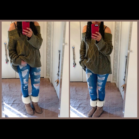 Off The Shoulder Cable Sweater- OLIVE - Picture 4 of 8